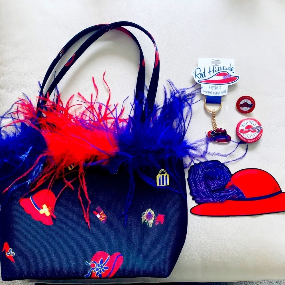 Novelty Red Hat SocIety Hand Bag Hats Marabou Trim Plus Pins Magnet & Key Chain